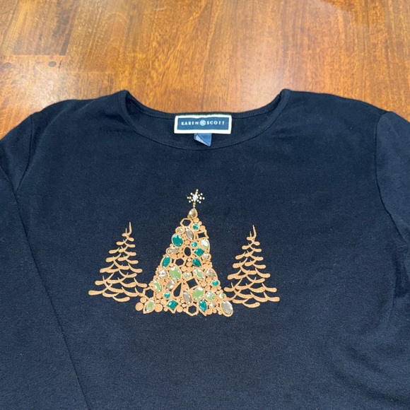 Karen Scott Black Christmas Tree Holiday Long  Shirt with Gem Tree - Picture 4 of 6
